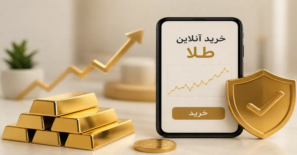 تصویر مفهومی بهترین پلتفرم خرید طلا در ایران با نمایش خرید آنلاین طلا، شمش طلا و نماد امنیت