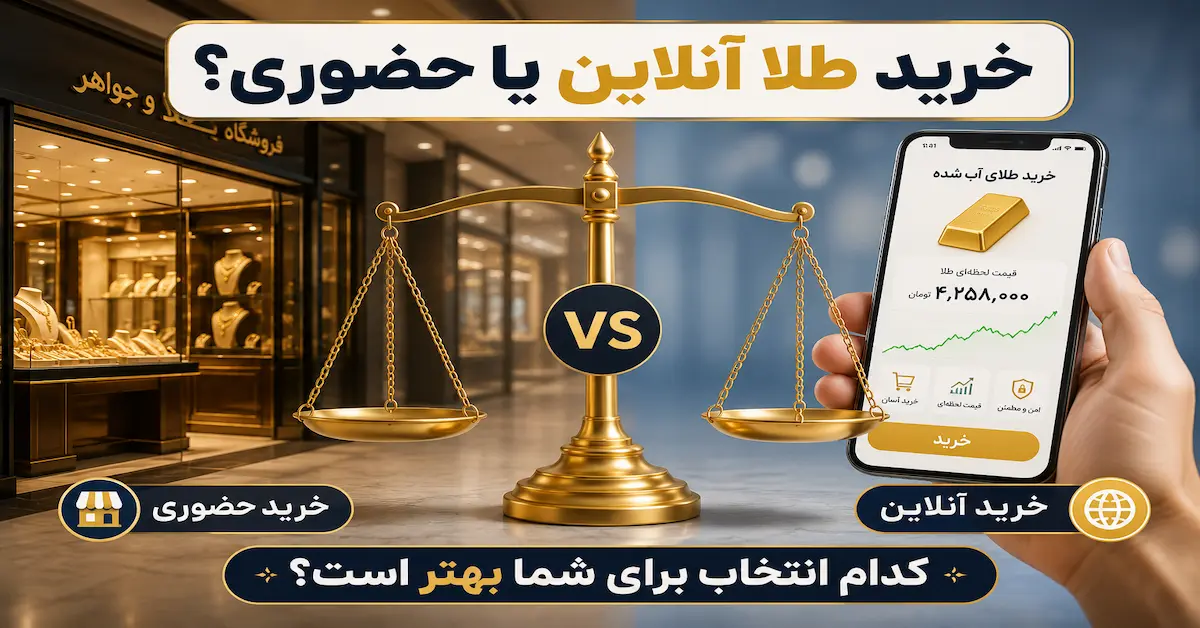 مقایسه خرید طلا آنلاین و حضوری برای سرمایه‌گذاری؛ نمایش خرید اینترنتی و خرید از طلافروشی
